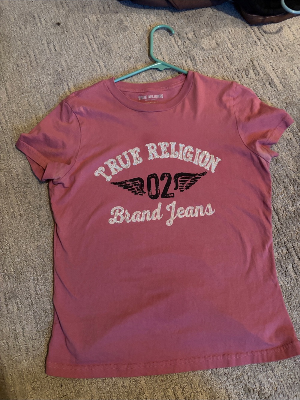 True Religion Pink Graphic Tee with Winged '02 Logo